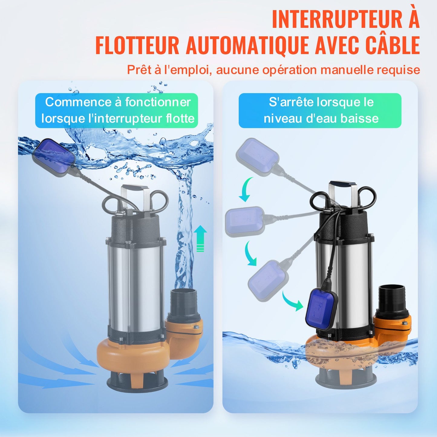 Submersible Water Pump, 2200W 60000L/H, with 10 m Cord and Automatic Tethered Float Switch, Portable Stainless Steel for Dirty or Clean, Drain Floods, Empty Garden Ponds, Swimming Pools, Hot Tub