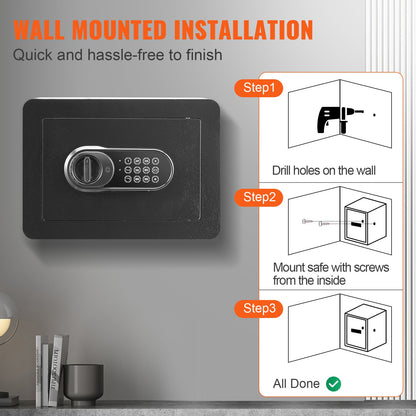 Kassaskåp, 14,2 L hemkassaskåp, säkerhetsskåp i stål med digital knappsats och 2 nycklar, väggmonterat skåp för att skydda kontanter, guld, smycken, dokument för hemmet, hotell, 35,1 x 24,9 x 24,9 cm