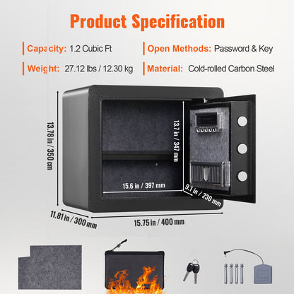 Kassaskåp, 33,9 l hemkassaskåp, säkerhetsskåp i stål med digital knappsats och 2 nycklar, skåp med brandsäker väska, skyddar kontanter, guld, smycken, dokument för hemmet, hotell, 40,1 x 30,0 x 35,1 cm