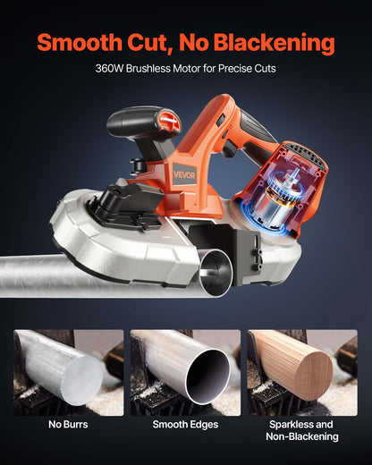 Portable Band Saw, 65 x 65 mm Cutting Depth, 360W Bandsaw with Brushless Motor, Cordless and Compact Portaband, Integrated Hang Hooks, 0-192 m/min Variable Speed for Cutting Metal, Wood (Bare Tool)