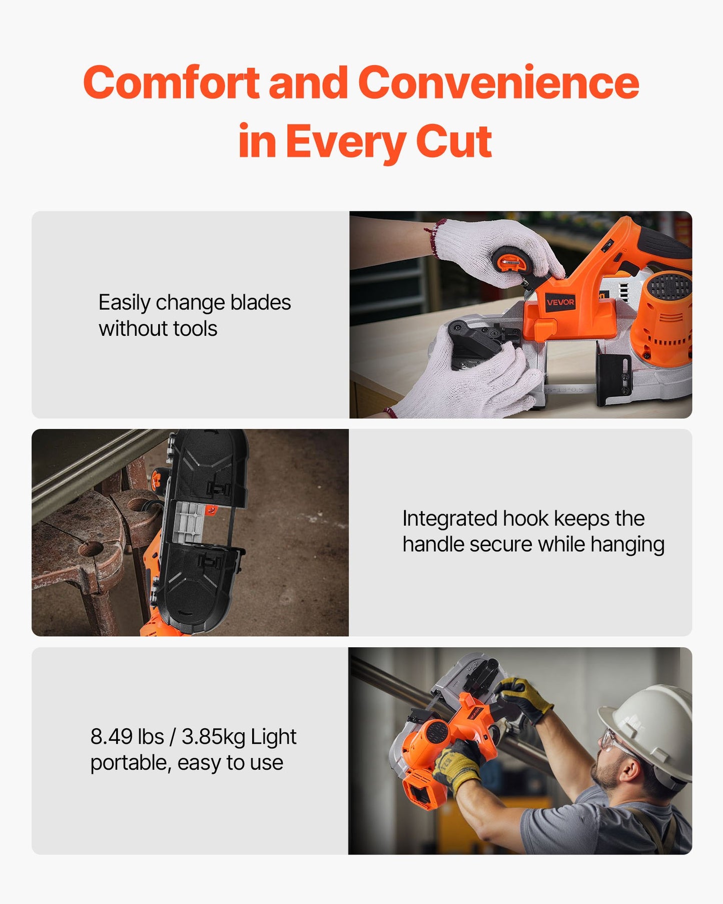 Portable Band Saw, 65 x 65 mm Cutting Depth, 360W Bandsaw with Brushless Motor, Cordless and Compact Portaband, Integrated Hang Hooks, 0-192 m/min Variable Speed for Cutting Metal, Wood (Bare Tool)