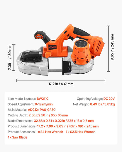 Portable Band Saw, 65 x 65 mm Cutting Depth, 360W Bandsaw with Brushless Motor, Cordless and Compact Portaband, Integrated Hang Hooks, 0-192 m/min Variable Speed for Cutting Metal, Wood (Bare Tool)