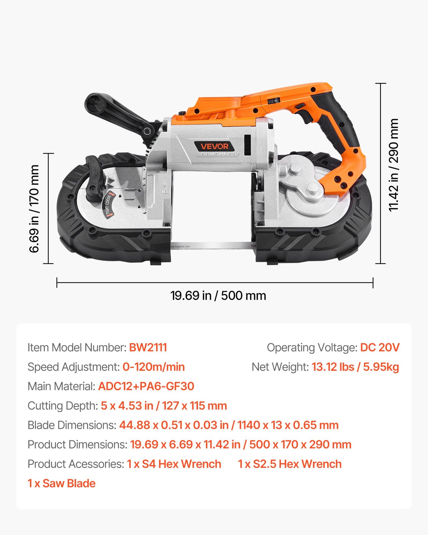 Portable Band Saw, 127 mm x 115 mm Cutting Depth, 360W Bandsaw with Brushless Motor, Cordless and Compact Portaband, Hang Hooks, 0-120 m/min Variable Speed for Cutting Metal, Wood (Bare Tool Only)