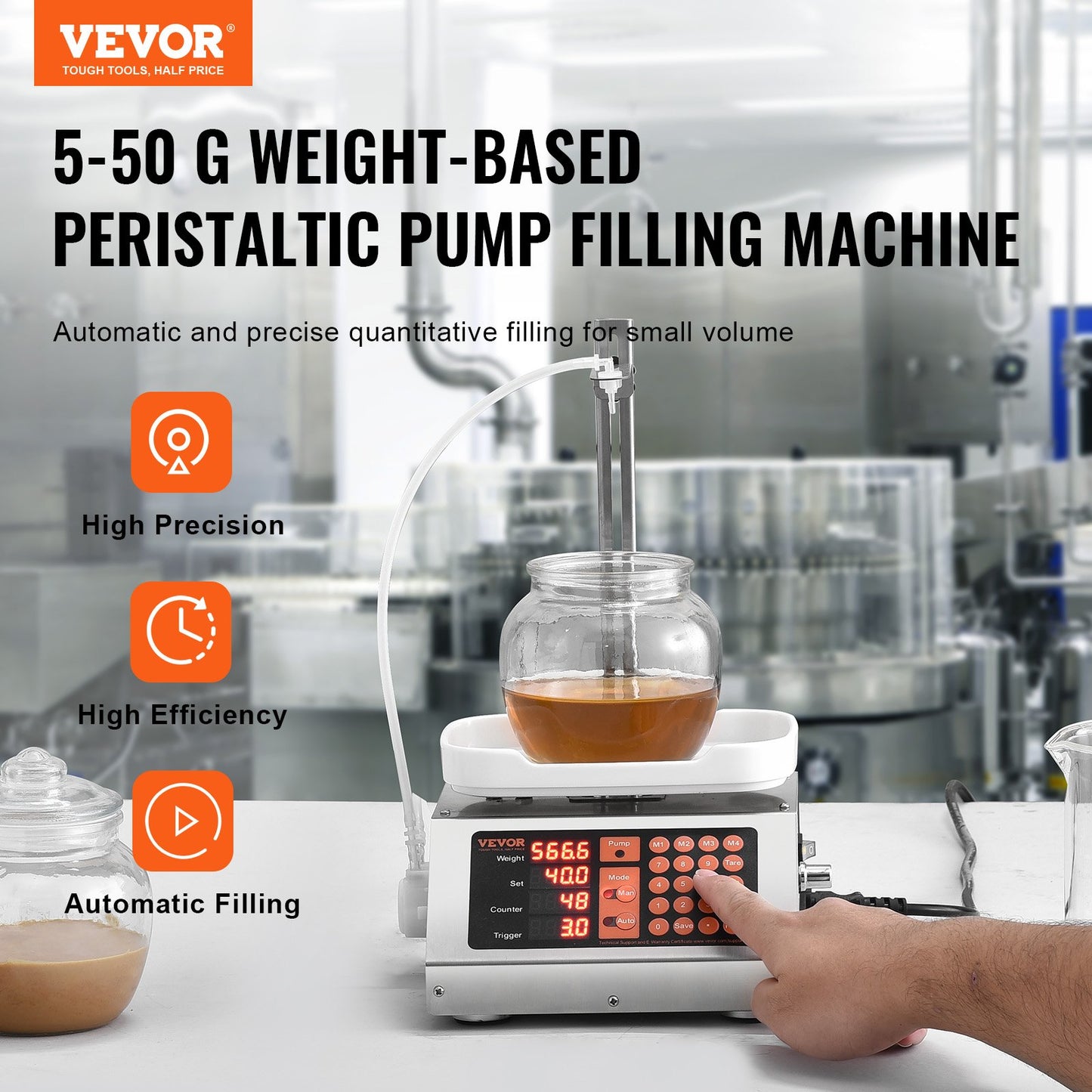 Liquid Filling Machine, 5-50 g Weighing Capacity, Automatic Bottle Filler Machine, Bottling Machine Peristaltic Pump Digital Control for Milk, Water, Wine, Beverage, Soy Sauce (Single Nozzle)