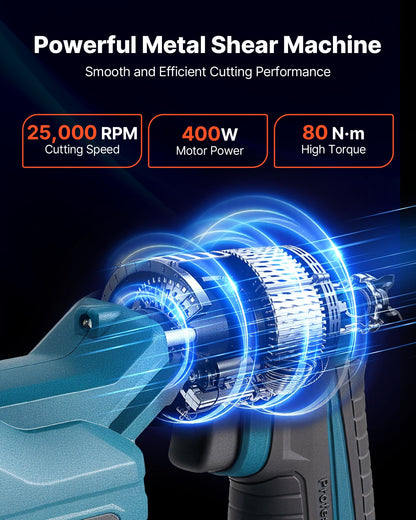 Metal Shear, Sheet Metal Cutter Cordless with 360-Degree Pivoting Head, Double Blades, 25000 RPM Speed, Cuts 1.22 mm Galvanized Steel, 1 mm Stainless Steel, Aluminum Plate, Plastic, Cardboard