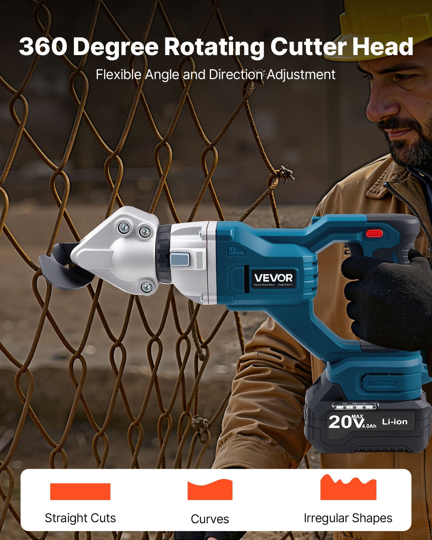 Metal Shear, Cordless Sheet Metal Cutter with 360-Degree Pivoting Head, Double Blades, 220VAC 20VDC, Cuts 1.22 mm Galvanized Steel, 1 mm Stainless Steel, Aluminum, Plastic, Cardboard, 2800SPM