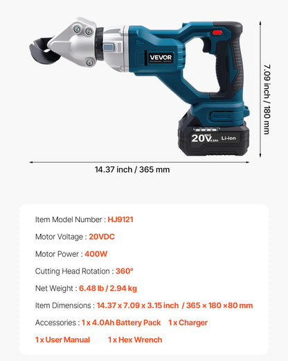 Metal Shear, Cordless Sheet Metal Cutter with 360-Degree Pivoting Head, Double Blades, 220VAC 20VDC, Cuts 1.22 mm Galvanized Steel, 1 mm Stainless Steel, Aluminum, Plastic, Cardboard, 2800SPM