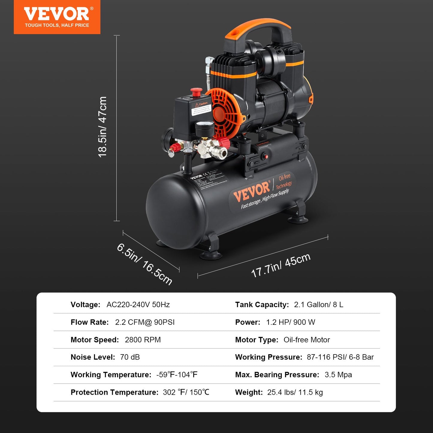 Air Compressor 7.9 L 900W 2.2 CFM@ 90PSI 70 dB Ultra Quiet Oil Free
