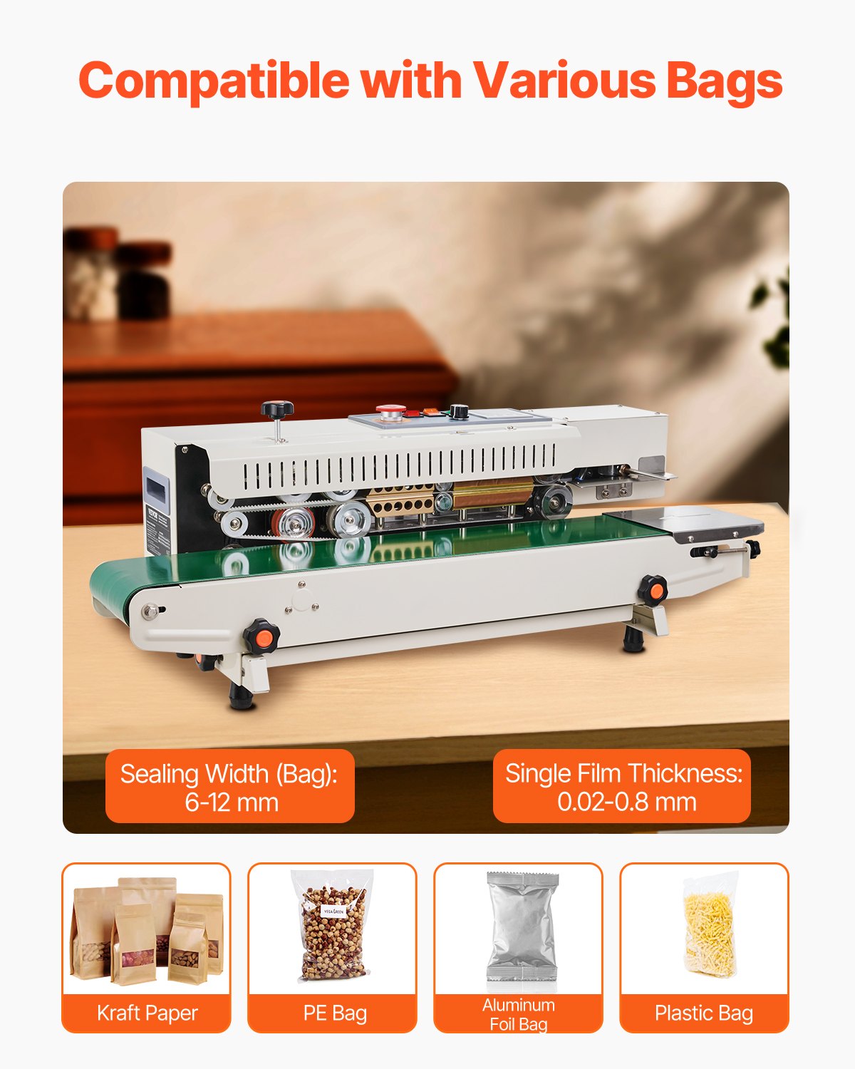 Continuous Bag Band Sealing Machine, 0.24-0.47 in/6-12 mm Seal Width, Horizontal Band Sealer Machine with Digital Temperature Control, Bag Sealer for 0.02-0.8 mm Plastic Bags, Inflation Function