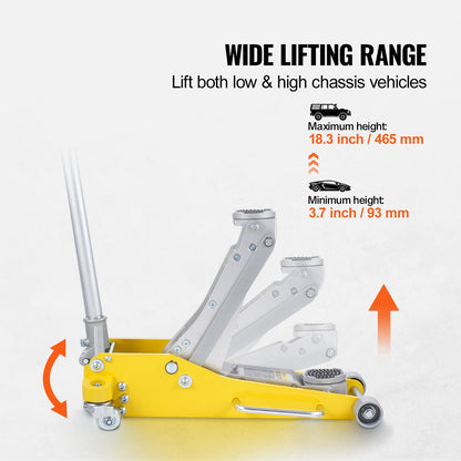 Low Profile Floor Jack 3 Ton (6600 lbs), Heavy Duty Aluminum Hydraulic Racing Floor Jack, Hydraulic Car Jack, Dual Piston Quick Lift Pump, 3.7"-18.3" Height Lifting Range (Yellow)
