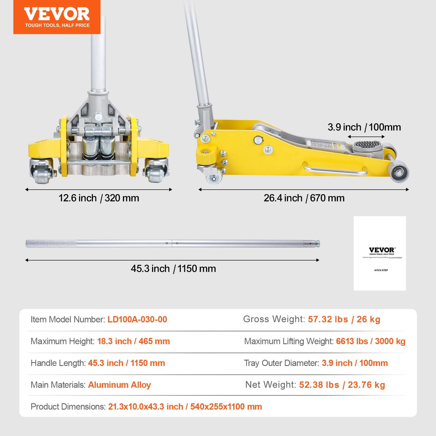 Low Profile Floor Jack 3 Ton (6600 lbs), Heavy Duty Aluminum Hydraulic Racing Floor Jack, Hydraulic Car Jack, Dual Piston Quick Lift Pump, 3.7"-18.3" Height Lifting Range (Yellow)