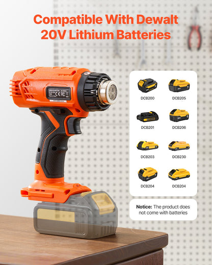 Cordless Heat Gun, Hot Air Gun Compatible with DEWALT 20V Lithium Batteries, LCD Display Heat Shrink Gun with LED Light, Multi-Level Temp & 4 Nozzles, Ideal for Shrink Tubing, PVC Wrap, Crafting
