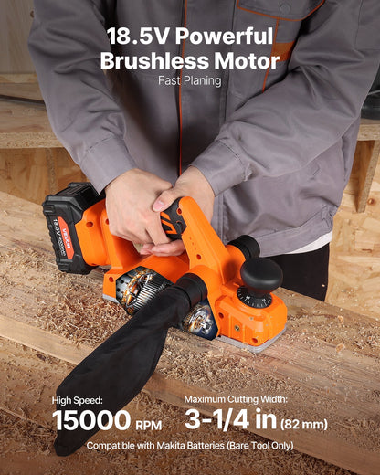 Cordless Handheld Planer, 82 mm Cut Width, 15000 RPM Electric Hand Wood Planer with Brushless Motor, Adjustable Cut Depth for Woodworking, Compatible with 18V Battery (Bare Tool Only)
