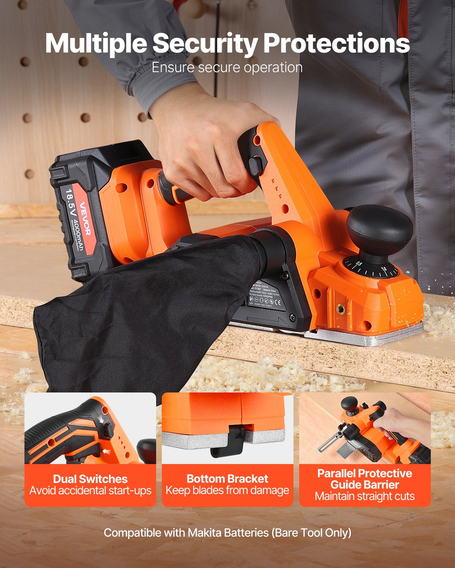 Cordless Handheld Planer, 82 mm Cut Width, 15000 RPM Electric Hand Wood Planer with Brushless Motor, Adjustable Cut Depth for Woodworking, Compatible with 18V Battery (Bare Tool Only)