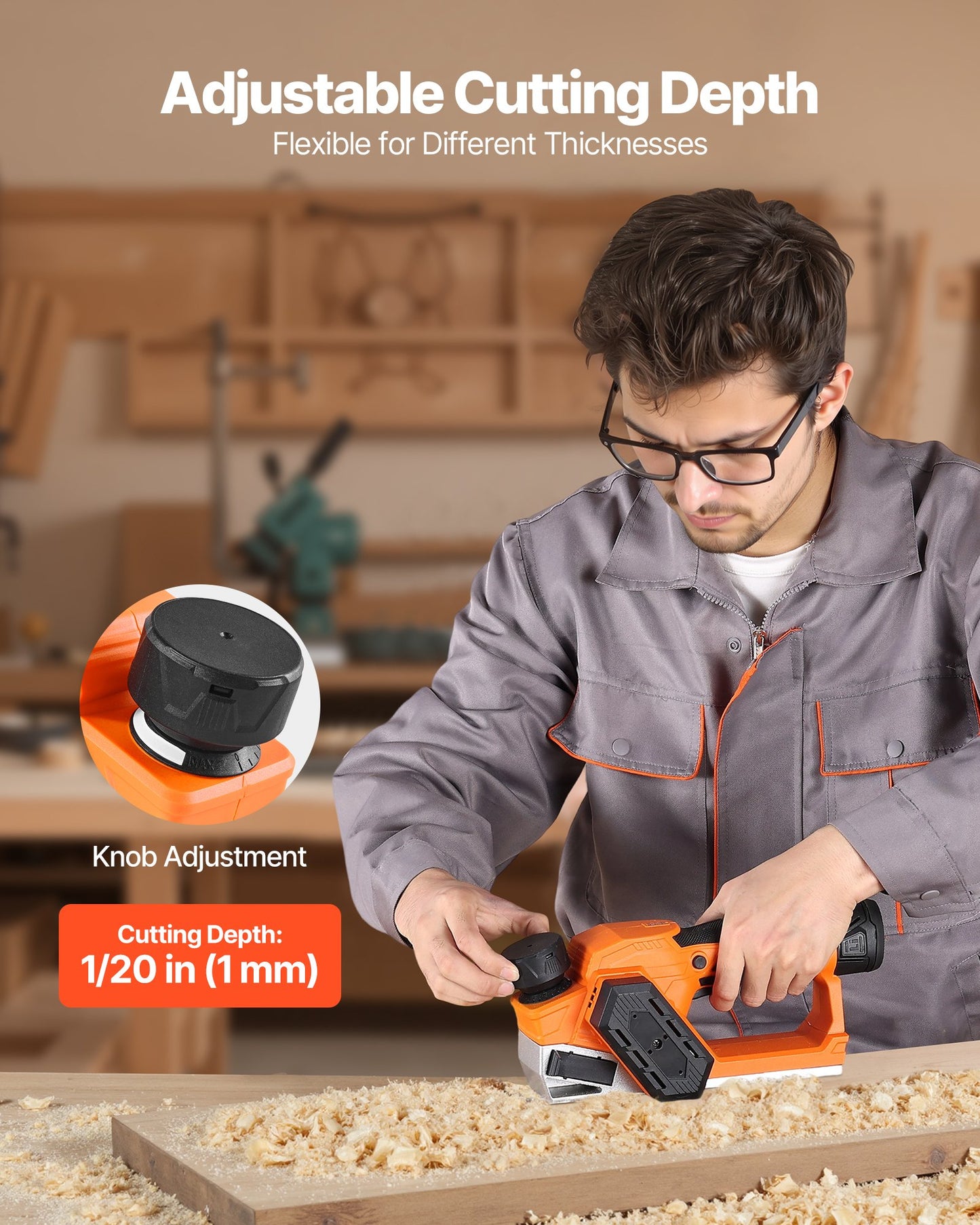 Cordless Handheld Planer, 56 mm Cut Width, 14500 RPM Electric Hand Wood Planer with 2 Ah 12V Lithium Battery, Brushless Motor, Adjustable Cut Depth, 2 Blades, for Woodworking Wood Chamfer DIY