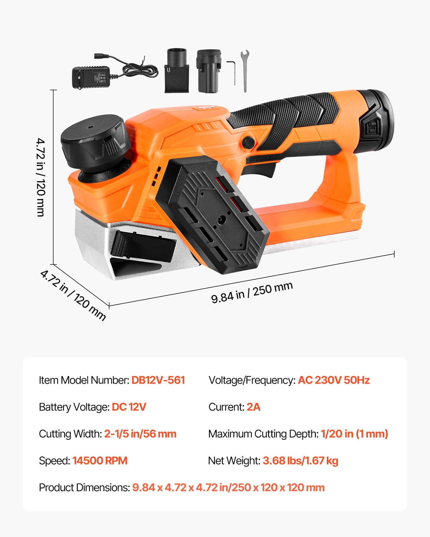Cordless Handheld Planer, 56 mm Cut Width, 14500 RPM Electric Hand Wood Planer with 2 Ah 12V Lithium Battery, Brushless Motor, Adjustable Cut Depth, 2 Blades, for Woodworking Wood Chamfer DIY
