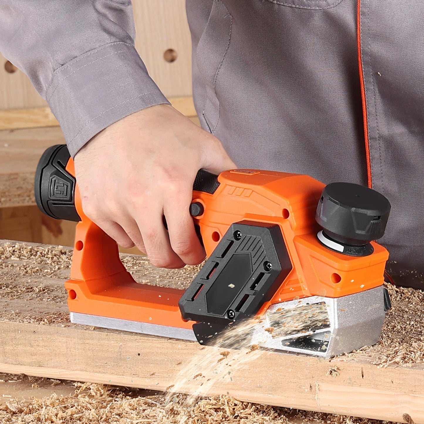 Cordless Handheld Planer, 56 mm Cut Width, 14500 RPM Electric Hand Wood Planer with 2 Ah 12V Lithium Battery, Brushless Motor, Adjustable Cut Depth, 2 Blades, for Woodworking Wood Chamfer DIY