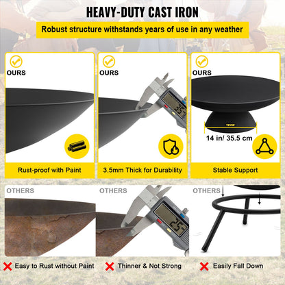 Fire Pit Bowl, 30-Inch Deep Round Cast Iron Fire Bowl, Wood Burning for Outdoor Patios, Backyards & Camping Uses, with A Stable Bowl Designed Base and A Firewood Stick, Black