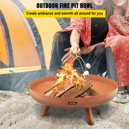 Fire Pit Bowl, 30-Inch Deep Round Carbon Steel Fire Bowl, Wood Burning for Outdoor Patios, Backyards & Camping Uses, with A Drain Hole, Portable Handles and A Firewood Stick, Brown