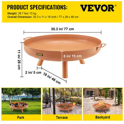 Fire Pit Bowl, 30-Inch Deep Round Carbon Steel Fire Bowl, Wood Burning for Outdoor Patios, Backyards & Camping Uses, with A Drain Hole, Portable Handles and A Firewood Stick, Brown