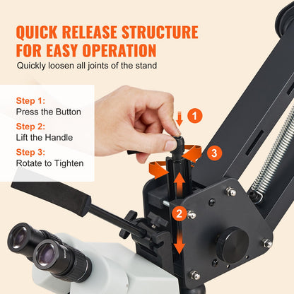 Flerriktat mikroskop med fjäderfäste, smyckesmikroskop med 7X-45X förstoring, stativ för mikrosmycken med infälld montering, integrerad USB-ring-LED-lampa och 360° kulskruvstycke, för smyckesinlägg