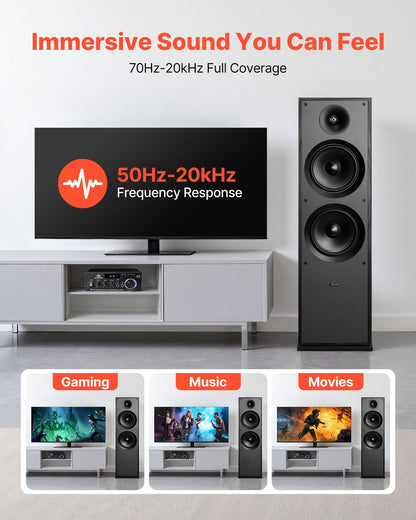Passiv golvhögtalare, 2-vägs, golvstående tornhögtalare med 25,4 mm diskant, dubbla 203,2 mm bashögtalare, 600 W topp, frekvensgång 50 Hz–20 kHz, hållbart MDF-hölje, för hemmaljud, enkel