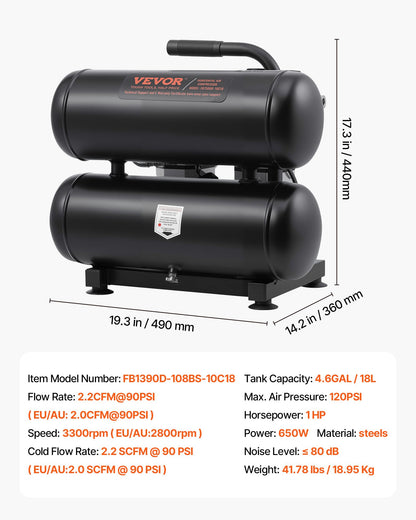 Air Compressor, 4.6 Gallon Steel Tank, 1HP 2.0 CFM@90 PSI Oil Free Air Compressor & Max. 120PSI Pressure, 80dB Ultra Quiet Portable Compressor, for Auto Repair, Tire Inflation, Spray Painting