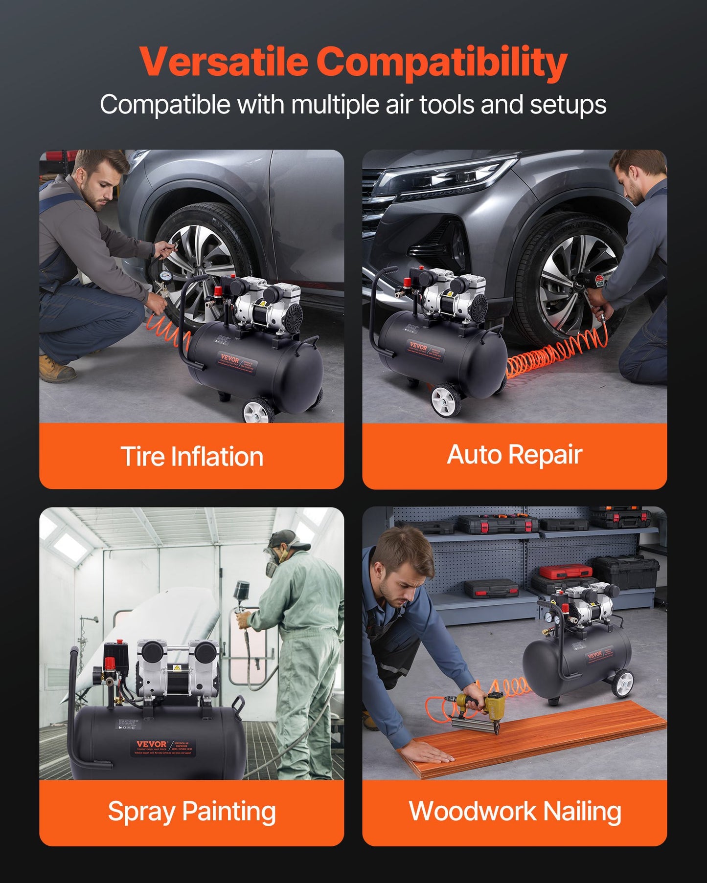 Air Compressor, 8 Gallon Steel Tank, 1HP 2.2 CFM@90 PSI Oil Free Air Compressor & Max. 120PSI Pressure, 80dB Ultra Quiet Portable Compressor, for Auto Repair, Tire Inflation, Spray Painting