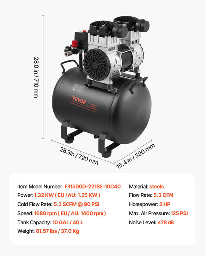 Air Compressor, 10 Gallon Steel Tank, 2HP 5.3 CFM@90 PSI Oil Free Air Compressor & Max. 125PSI Pressure, 78dB Ultra Quiet Portable Compressor, for Auto Repair, Tire Inflation, Spray Painting
