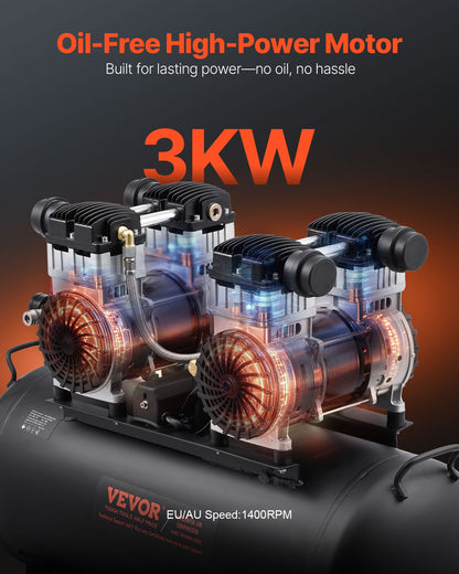 Air Compressor, 20 Gallon Steel Tank, 4HP 10.6 CFM@90 PSI Oil Free Air Compressor & Max. 125PSI Pressure, 78dB Ultra Quiet Portable Compressor, for Auto Repair, Tire Inflation, Spray Painting