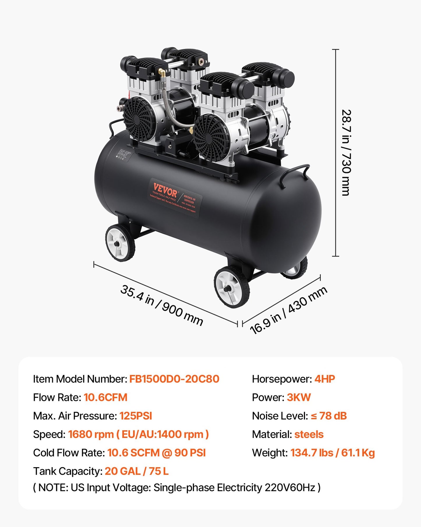 Air Compressor, 20 Gallon Steel Tank, 4HP 10.6 CFM@90 PSI Oil Free Air Compressor & Max. 125PSI Pressure, 78dB Ultra Quiet Portable Compressor, for Auto Repair, Tire Inflation, Spray Painting