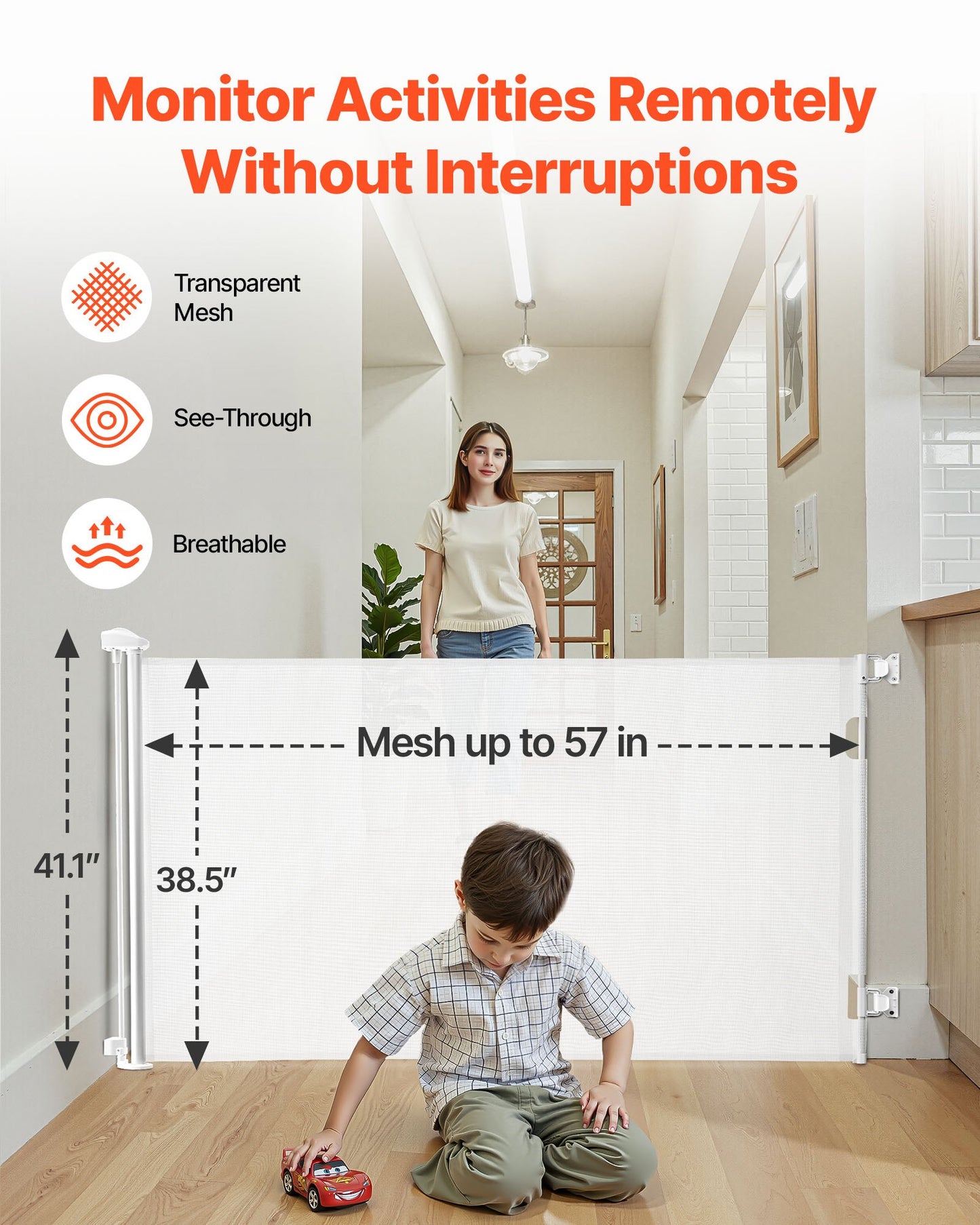 Infällbar babygrind, förlängs till 1450 mm bred, 980 mm hög, med säkerhetslås, enkel att använda, går igenom utan att snubbla, nätgrind för hundar i trappor, hallar, inomhus/utomhus, vit