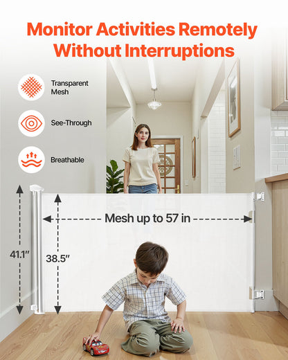 Infällbar babygrind, förlängs till 1450 mm bred, 980 mm hög, med säkerhetslås, enkel att använda, går igenom utan att snubbla, nätgrind för hundar i trappor, hallar, inomhus/utomhus, vit