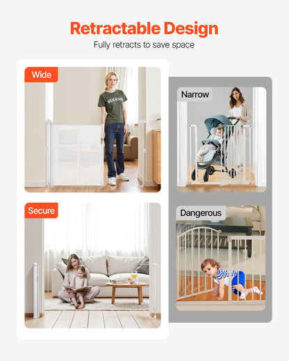 Retractable Baby Gate, 870 mm Tall, Extends up to 1400 mm Wide, Retractable Gate for Kids or Pets, Mesh Material, Easy to Install for Indoor Stairs, Doorways, Hallways, Playrooms, White