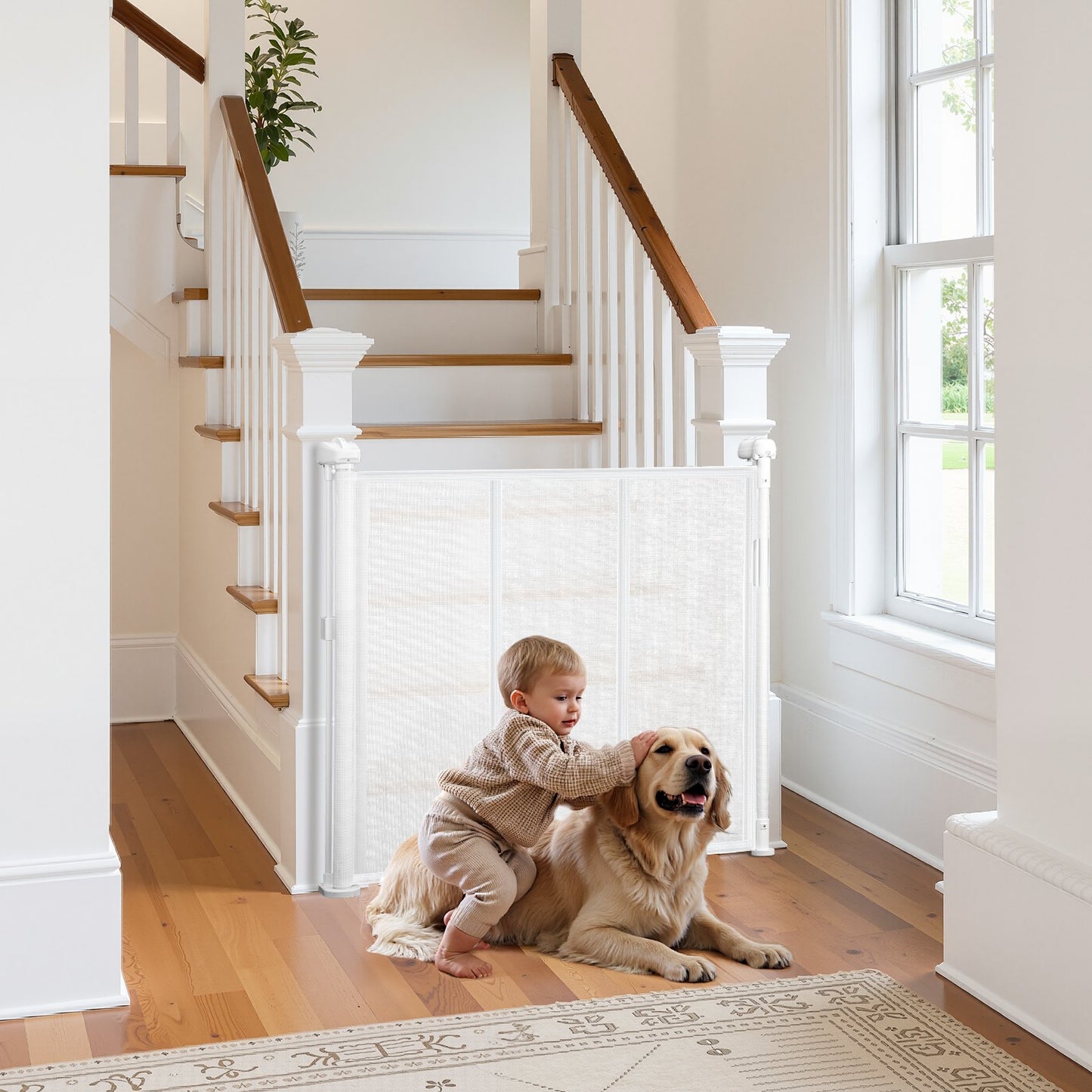 Retractable Baby Gate, 870 mm Tall, Extends up to 1400 mm Wide, Retractable Gate for Kids or Pets, Mesh Material, Easy to Install for Indoor Stairs, Doorways, Hallways, Playrooms, White