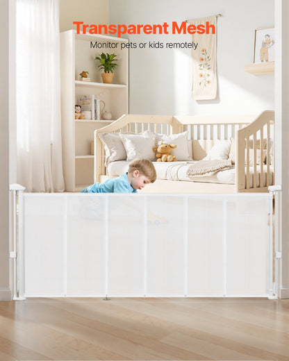 Retractable Baby Gate, 870 mm Tall, Extends up to 1800 mm Wide, Retractable Gate for Kids or Pets, Mesh Material, Easy to Install for Indoor Stairs, Doorways, Hallways, Playrooms, White
