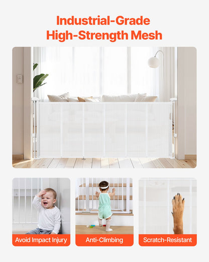 Retractable Baby Gate, 870 mm Tall, Extends up to 1800 mm Wide, Retractable Gate for Kids or Pets, Mesh Material, Easy to Install for Indoor Stairs, Doorways, Hallways, Playrooms, White