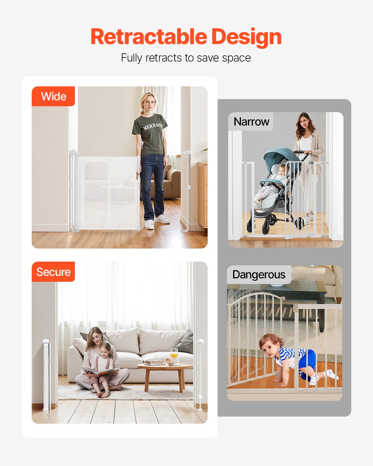 Retractable Baby Gate, 870 mm Tall, Extends up to 1800 mm Wide, Retractable Gate for Kids or Pets, Mesh Material, Easy to Install for Indoor Stairs, Doorways, Hallways, Playrooms, White