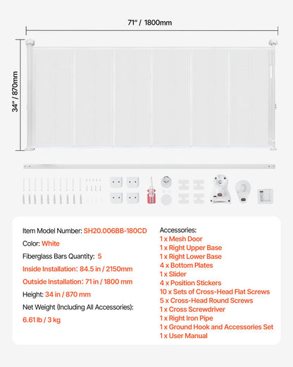 Retractable Baby Gate, 870 mm Tall, Extends up to 1800 mm Wide, Retractable Gate for Kids or Pets, Mesh Material, Easy to Install for Indoor Stairs, Doorways, Hallways, Playrooms, White
