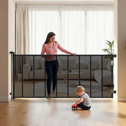 Retractable Baby Gate, Extends to 4150 mm Extra Wide, 990 mm Tall, with Reinforced Fiberglass Strips, Avoids Crawling Through, Mesh Dog Gate for Decks, Doorways, Garages, Indoor, Black