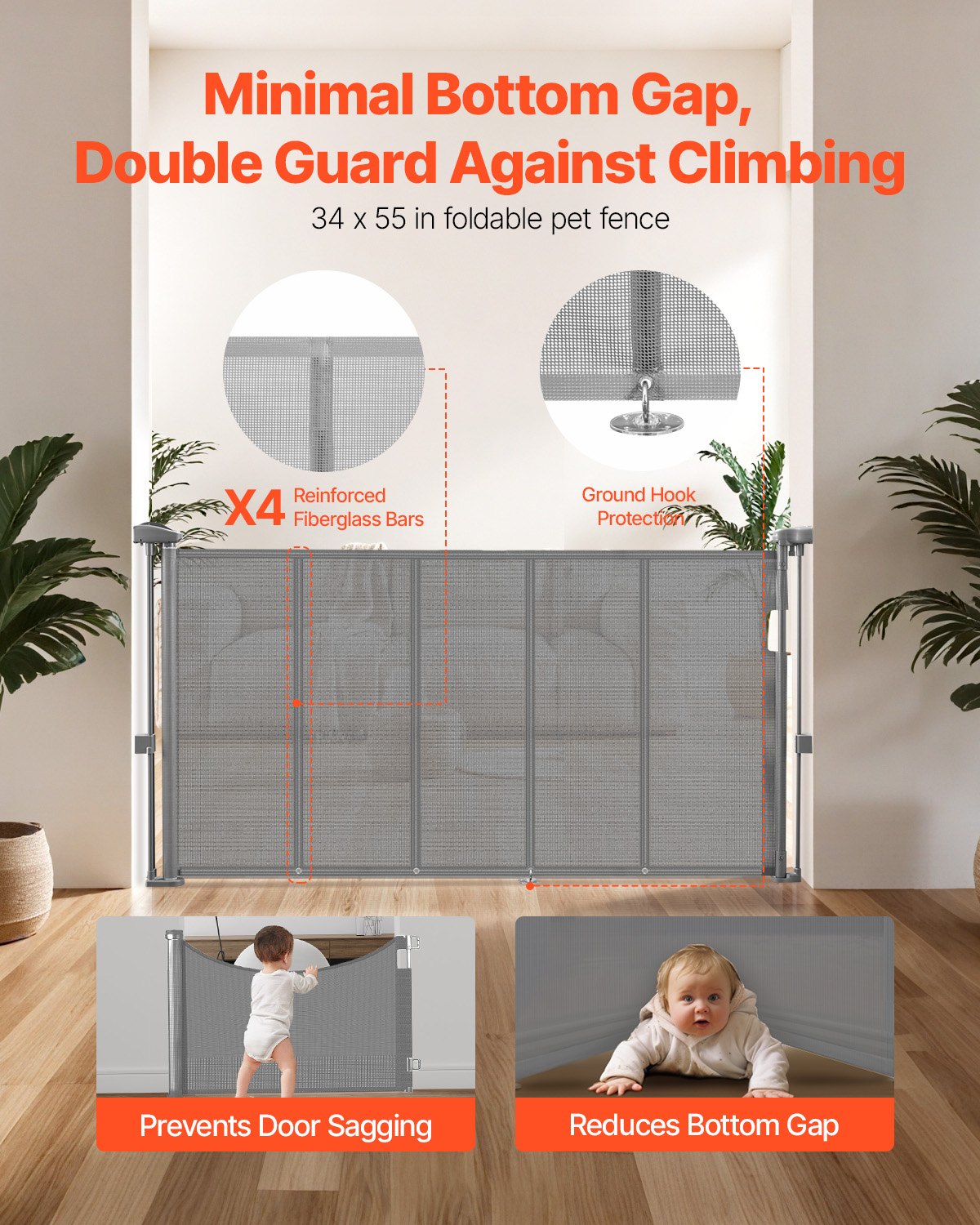 Retractable Baby Gate, 870 mm Tall, Extends up to 1400 mm Wide, Retractable Gate for Kids or Pets, Mesh Material, Easy to Install for Indoor Stairs, Doorways, Hallways, Playrooms, Gray