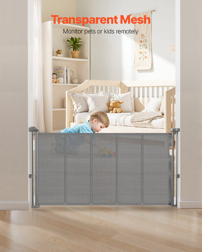Retractable Baby Gate, 870 mm Tall, Extends up to 1400 mm Wide, Retractable Gate for Kids or Pets, Mesh Material, Easy to Install for Indoor Stairs, Doorways, Hallways, Playrooms, Gray