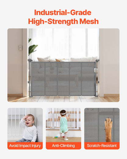 Retractable Baby Gate, 870 mm Tall, Extends up to 1400 mm Wide, Retractable Gate for Kids or Pets, Mesh Material, Easy to Install for Indoor Stairs, Doorways, Hallways, Playrooms, Gray