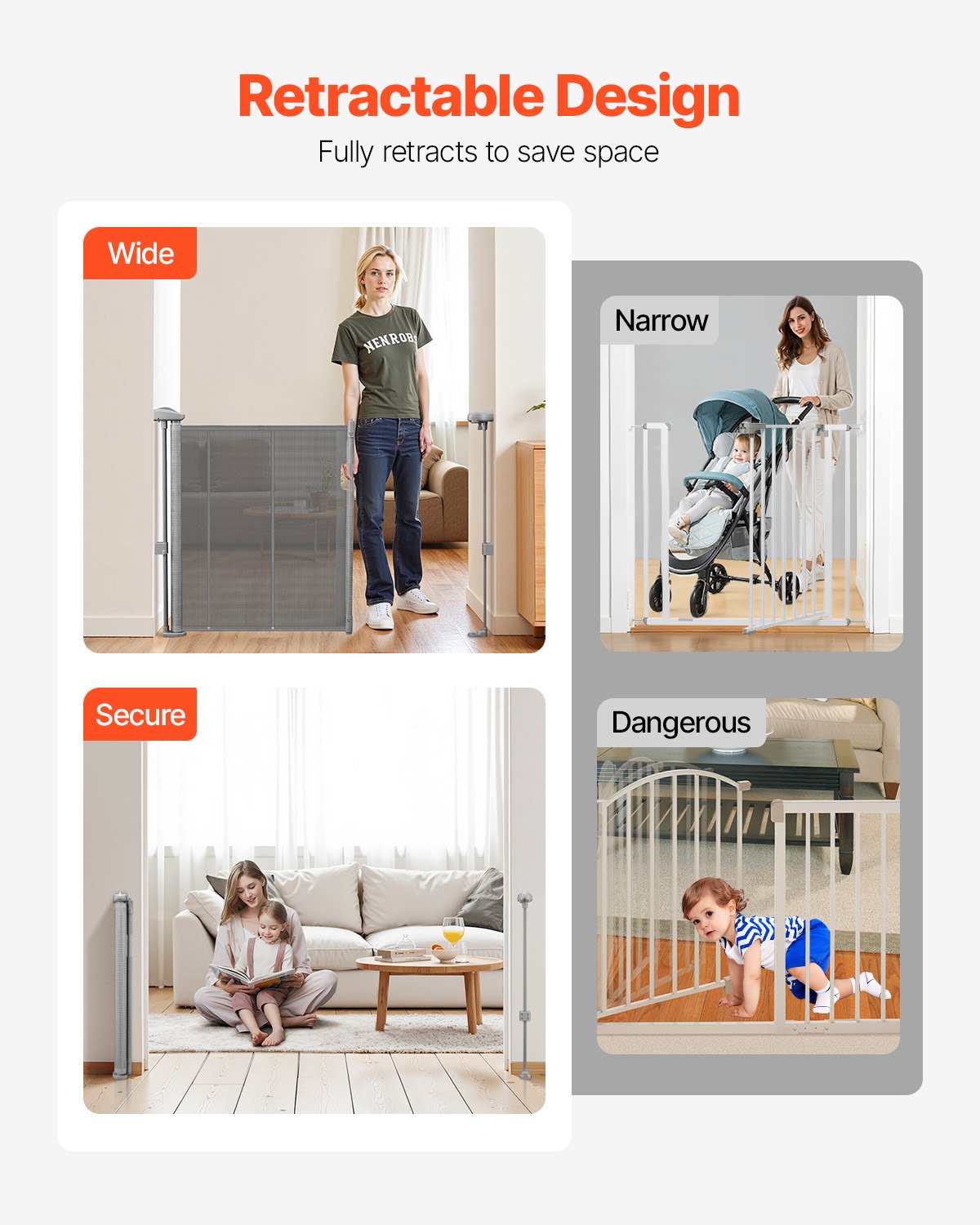 Retractable Baby Gate, 870 mm Tall, Extends up to 1400 mm Wide, Retractable Gate for Kids or Pets, Mesh Material, Easy to Install for Indoor Stairs, Doorways, Hallways, Playrooms, Gray