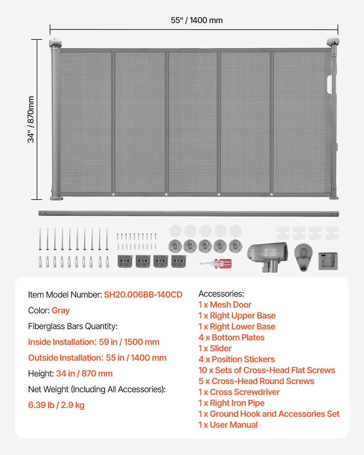 Retractable Baby Gate, 870 mm Tall, Extends up to 1400 mm Wide, Retractable Gate for Kids or Pets, Mesh Material, Easy to Install for Indoor Stairs, Doorways, Hallways, Playrooms, Gray