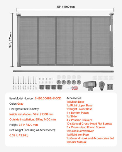 Retractable Baby Gate, 870 mm Tall, Extends up to 1400 mm Wide, Retractable Gate for Kids or Pets, Mesh Material, Easy to Install for Indoor Stairs, Doorways, Hallways, Playrooms, Gray