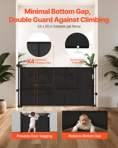 Retractable Baby Gate, 870 mm Tall, Extends up to 1400 mm Wide, Retractable Gate for Kids or Pets, Mesh Material, Easy to Install for Indoor Stairs, Doorways, Hallways, Playrooms, Black