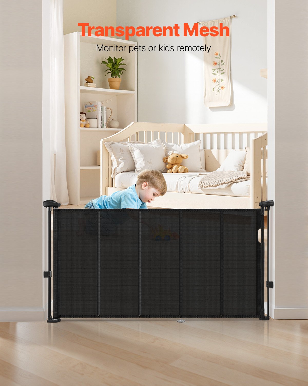 Retractable Baby Gate, 870 mm Tall, Extends up to 1400 mm Wide, Retractable Gate for Kids or Pets, Mesh Material, Easy to Install for Indoor Stairs, Doorways, Hallways, Playrooms, Black