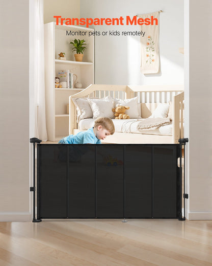 Retractable Baby Gate, 870 mm Tall, Extends up to 1400 mm Wide, Retractable Gate for Kids or Pets, Mesh Material, Easy to Install for Indoor Stairs, Doorways, Hallways, Playrooms, Black