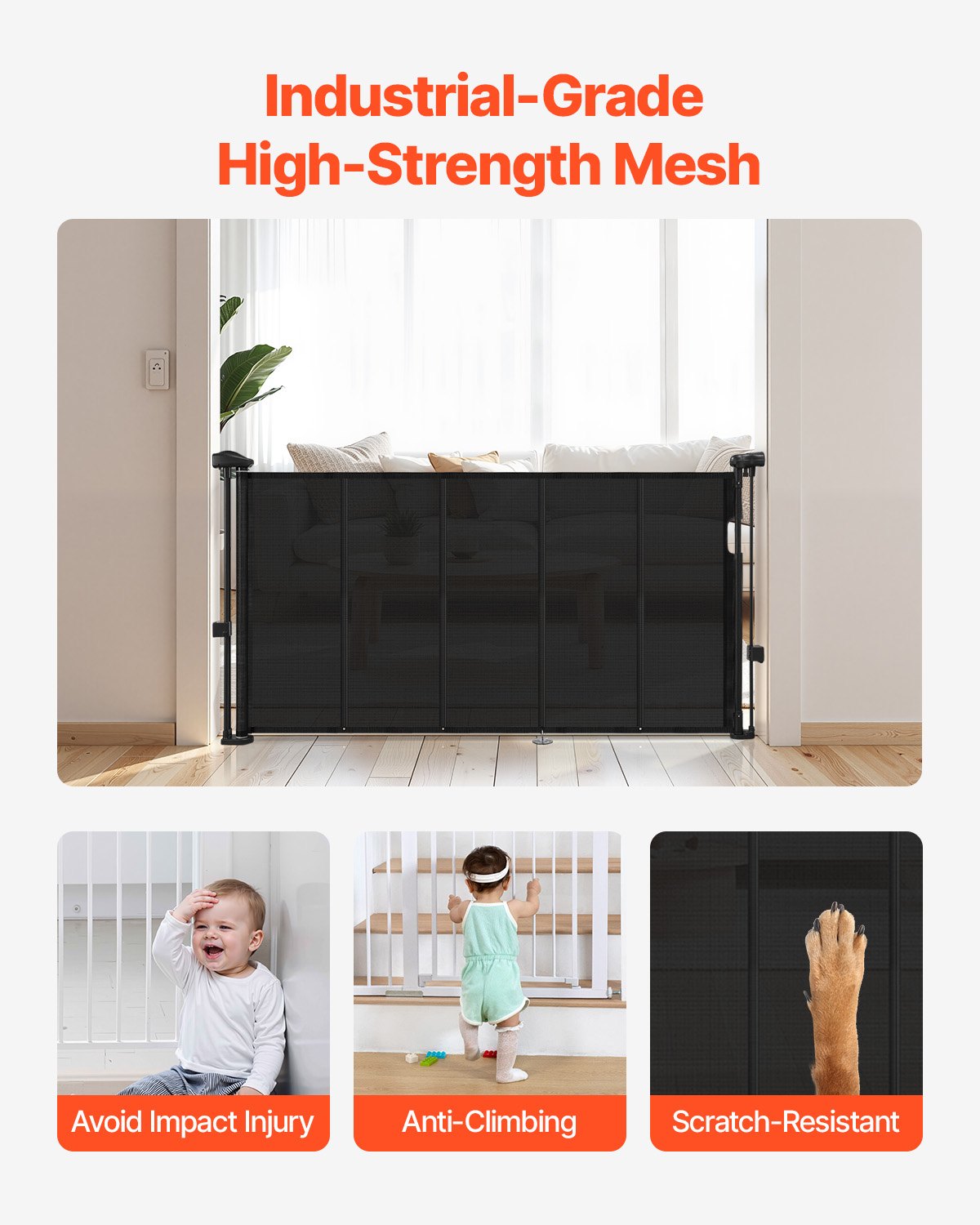 Retractable Baby Gate, 870 mm Tall, Extends up to 1400 mm Wide, Retractable Gate for Kids or Pets, Mesh Material, Easy to Install for Indoor Stairs, Doorways, Hallways, Playrooms, Black